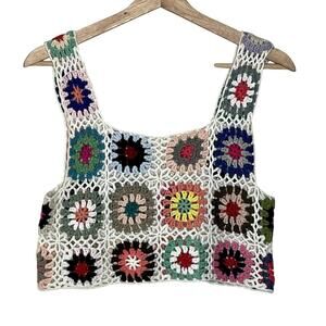 CROCHET  HAND KNIT CROP TOP GRANNY SQUARE ‎ SIZE M